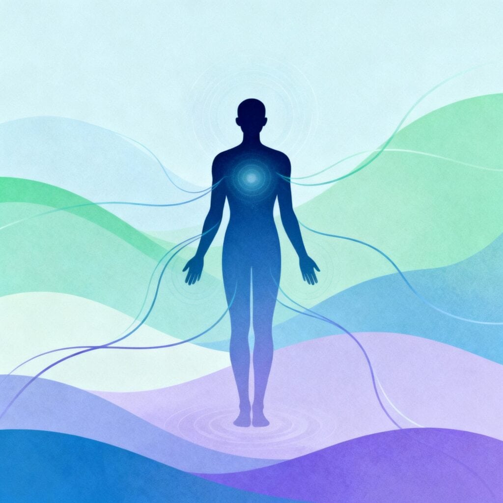 Abstract illustration showing connection between energy body, mind, and physical body, with subtle energy flows, calm colors, human silhouette, harmonious atmosphere