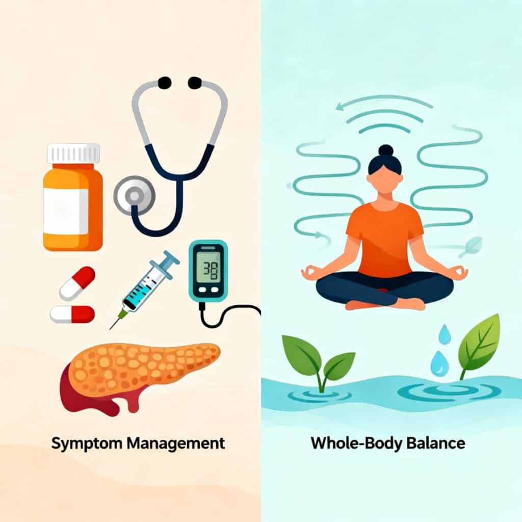 This image visually contrasts allopathic medicine and holistic health care approaches. On one side, it highlights the allopathic focus on symptom management, featuring medical icons like pills, insulin syringes, pancreas illustrations, and blood sugar monitors representing disease treatment and pharmaceutical interventions. On the other side, it portrays holistic health with symbols of natural healing, such as a person meditating, energy flow, and nature elements, emphasizing root cause understanding and whole-body balance. This clear, educational design illustrates the key differences between symptom suppression in allopathic medicine and integrative healing in holistic practices. Ideal for healthcare, wellness, and alternative medicine content exploring the foundations of health beyond disease management.