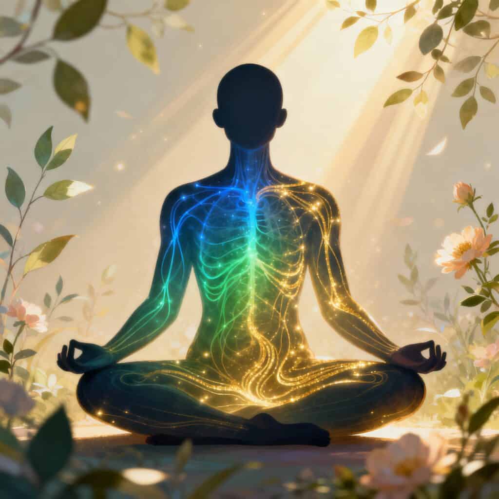 Human silhouette meditating with glowing energy flow through the body, symbolizing balance, organ health, strong metabolism, and mental clarity surrounded by natural elements. Represents how a balanced and energized system promotes wellness and resilience against chronic diseases like diabetes.