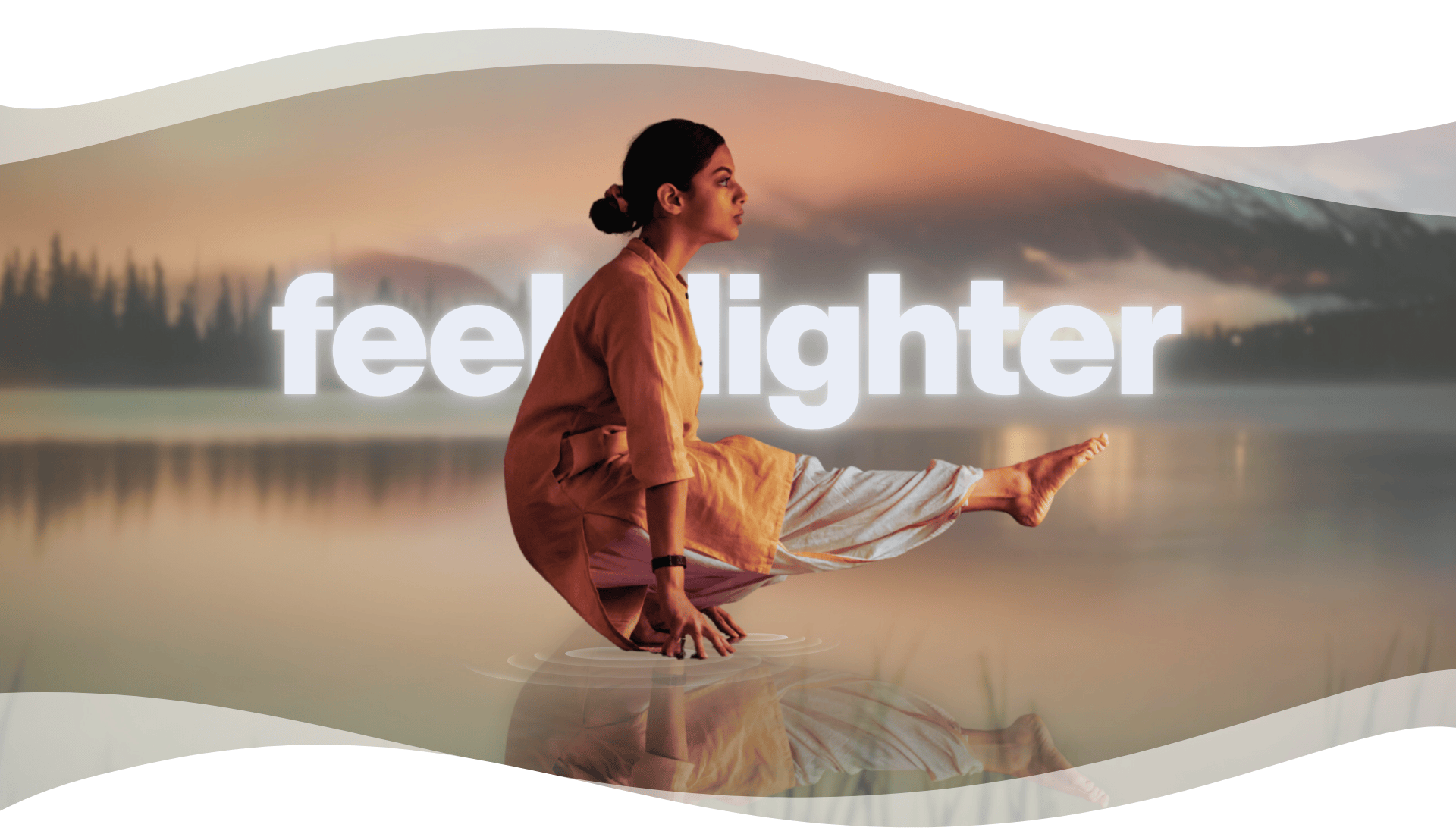 Woman practicing Angamardana beside a calm lake, expressing strength, balance, and lightness through yogic movement