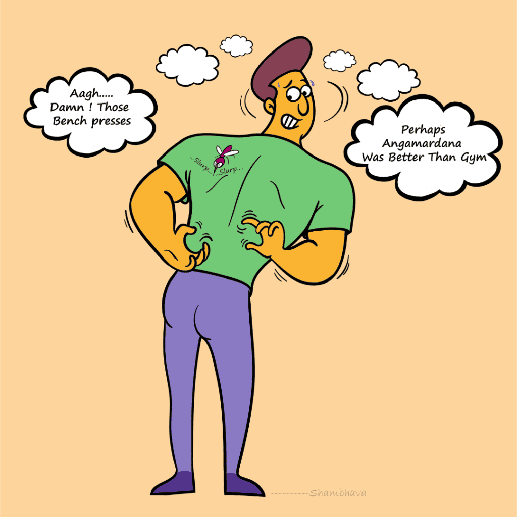 Cartoon bodybuilder grimacing while twisting to swat mosquito on back, contrasting yoga's flexible fitness