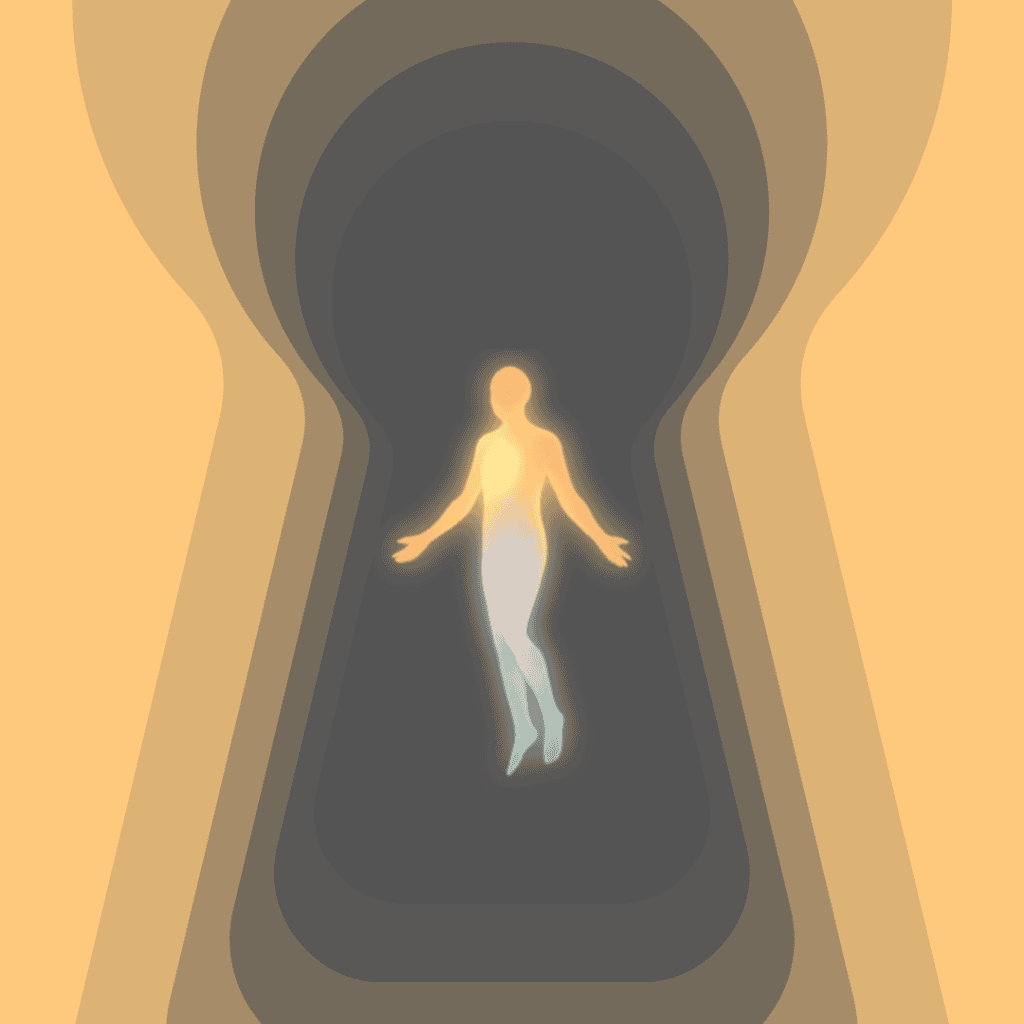 Radiant yogi silhouette emerging from keyhole with heart glow, evoking yoga's natural appetite regulation