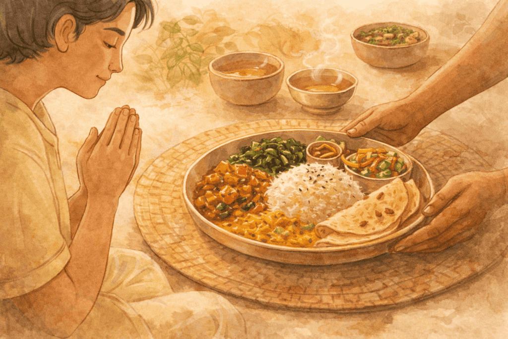 Person offering gratitude before a traditional vegetarian meal served with care, symbolizing mindful and conscious eating