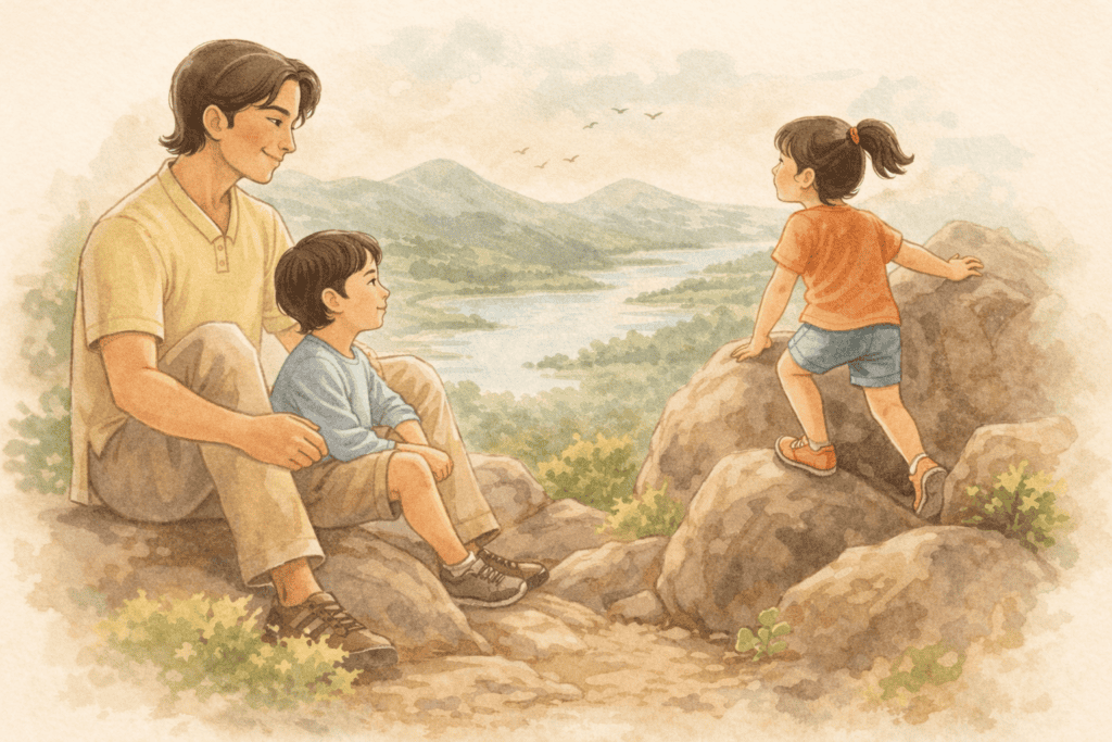 A parent and two children resting and climbing rocks near a lake, enjoying fresh air and nature during a peaceful outdoor walk