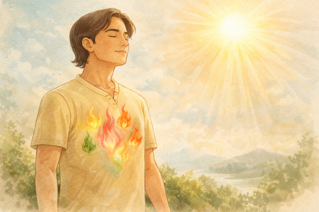 Person sitting calmly in sunlight, symbolising awareness of inner fire, emotions, and balance through natural light