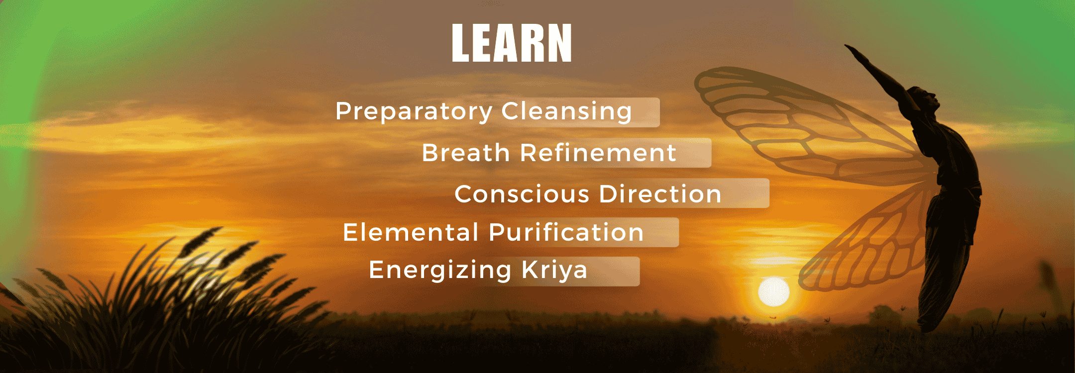 Silhouette of a person with butterfly wings at sunrise, symbolizing learning yogic practices like cleansing, breath refinement, and energy activation